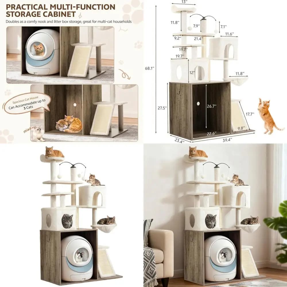 68 giri per gatti grigio rustico alto con lettiera chiusa, tiragraffi, 2 condotti, amaca e palla pendente
