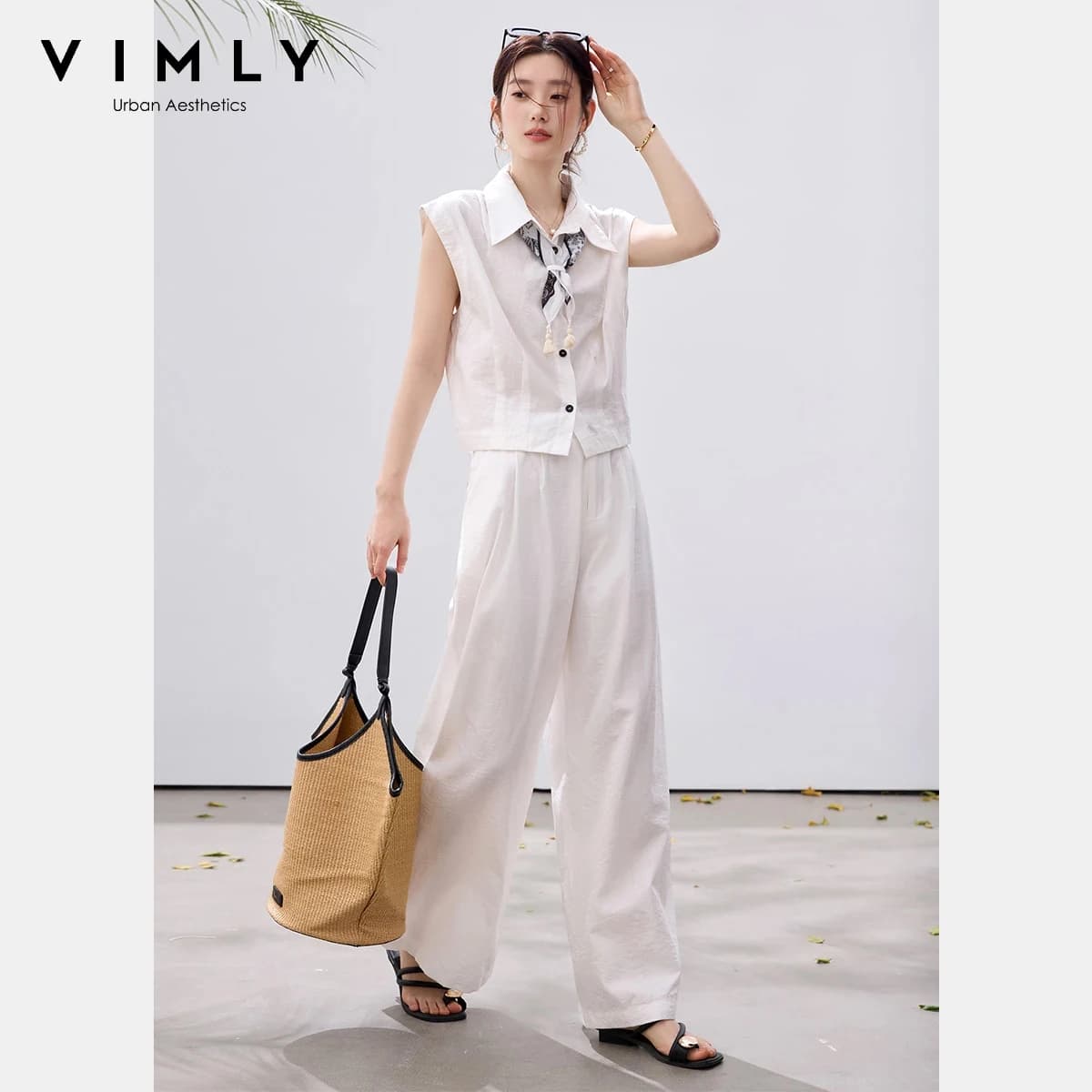 VIMLY Completo Casual da Ufficio da Donna Due Pezzi 2026 Nuovo Estivo con Sciarpa Staccabile, Camicia Corta Senza Maniche e Pantaloni a Gamba Larga 30827
