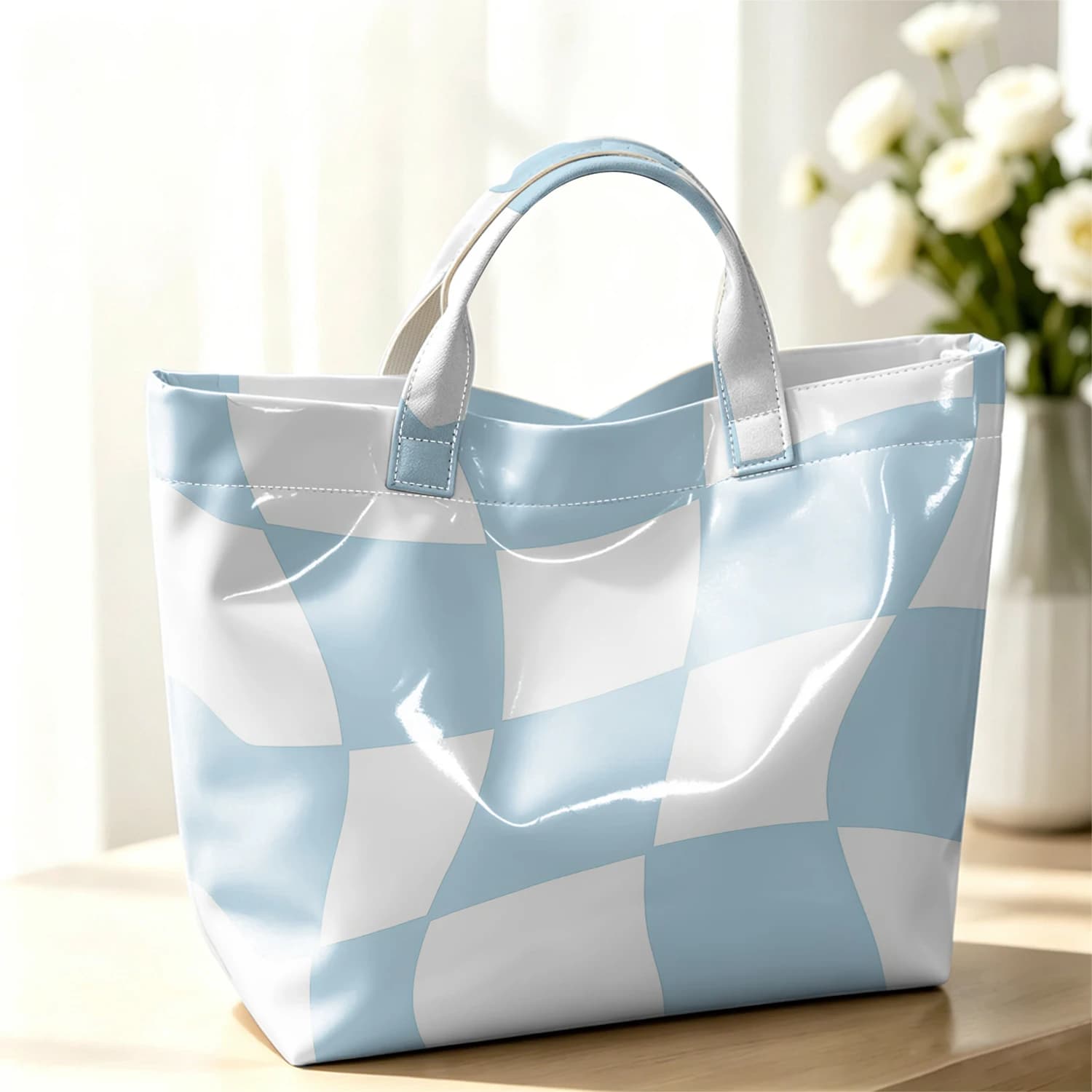 Wavy Checker Hot Sale Large Glossy PVC Tote Bag Hand Washable Waterproof Great for Travel Commute Makeup Storage Handbags