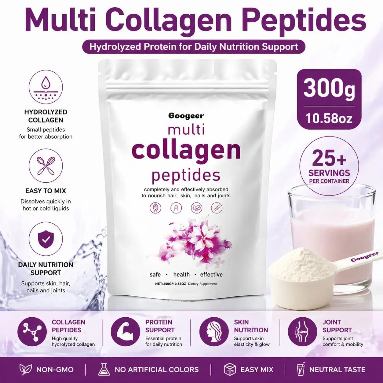 Googeer Polvere di Peptidi Multi Collagene 300g - Integratore Proteico Idrolizzato per Capelli, Pelle, Unghie e Articolazioni, Facile da Miscelare, 10.58oz