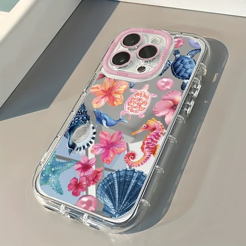 Custodia per telefono con specchio e elementi marini (tartaruga marina, medusa) per iPhone 11 12 13 14 15 16 17 Pro Max 7 8 Plus XR X XS 16E 17E