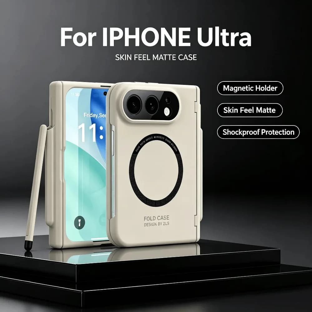 Skin Touch for Magsafe Magnetic Charger Case for IPhone Ultra Fold Built‑in Stylus Slot Front Tempered Film Hinge Protect Cover