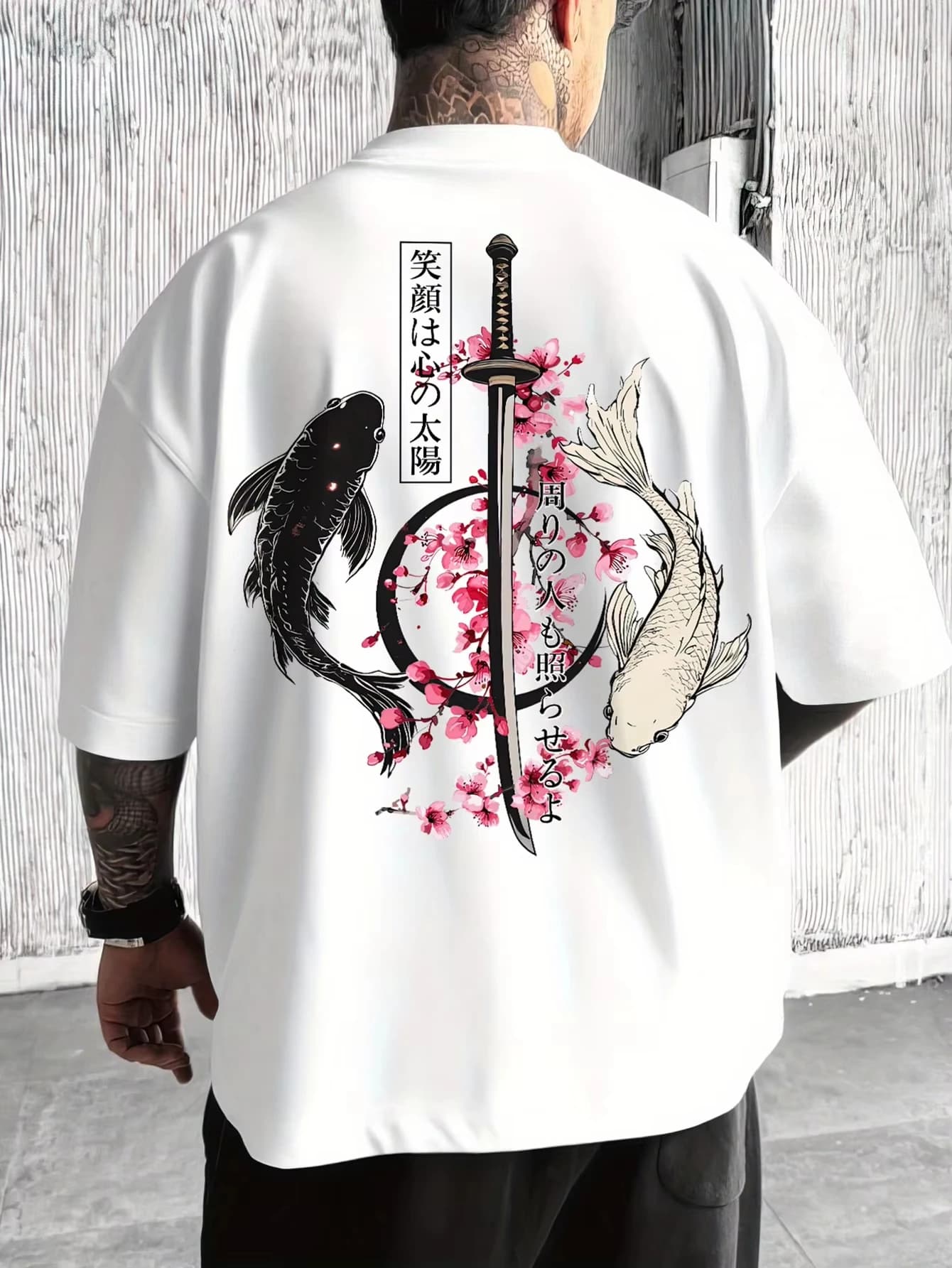 2026 New Style Men's Summer Japanese Yin-Yang Carp Fish and Samurai Sword Pattern Loose Comfortable T-Shirt