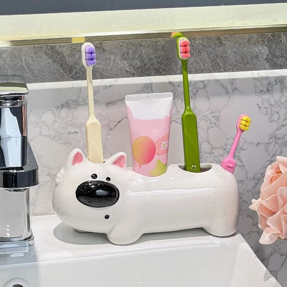 Ceramic Dog Shaped Toothbrush Holder 4 Slots Waterproof Toothbrush Storage Rack Decorative Non Slip Electric Toothbrush Holder