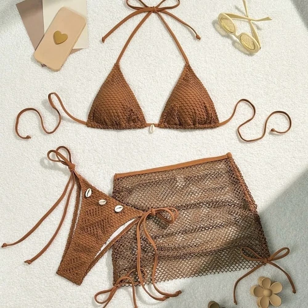 Costume da bagno sexy in rete 3 in 1 con lacci Costume da bagno bikini slim fit con scollo a V profondo Abbigliamento da spiaggia Costume da bagno senza maniche da donna