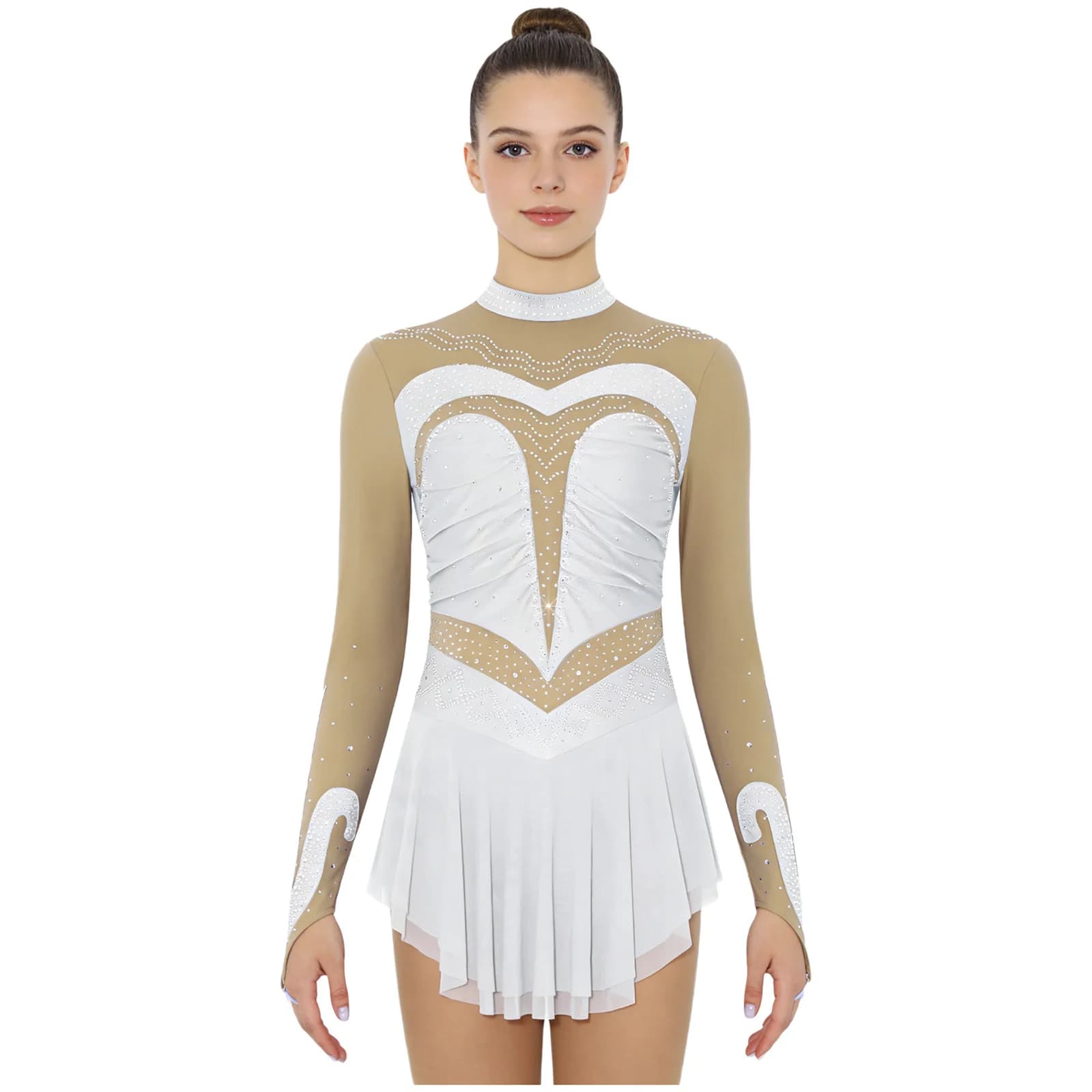 Body da Ginnastica Artistica in Rete Trasparente da Donna, Vestito per Pattinaggio Artistico, Costumi da Danza Lirica, Abbigliamento da Spettacolo con Strass Lucidi