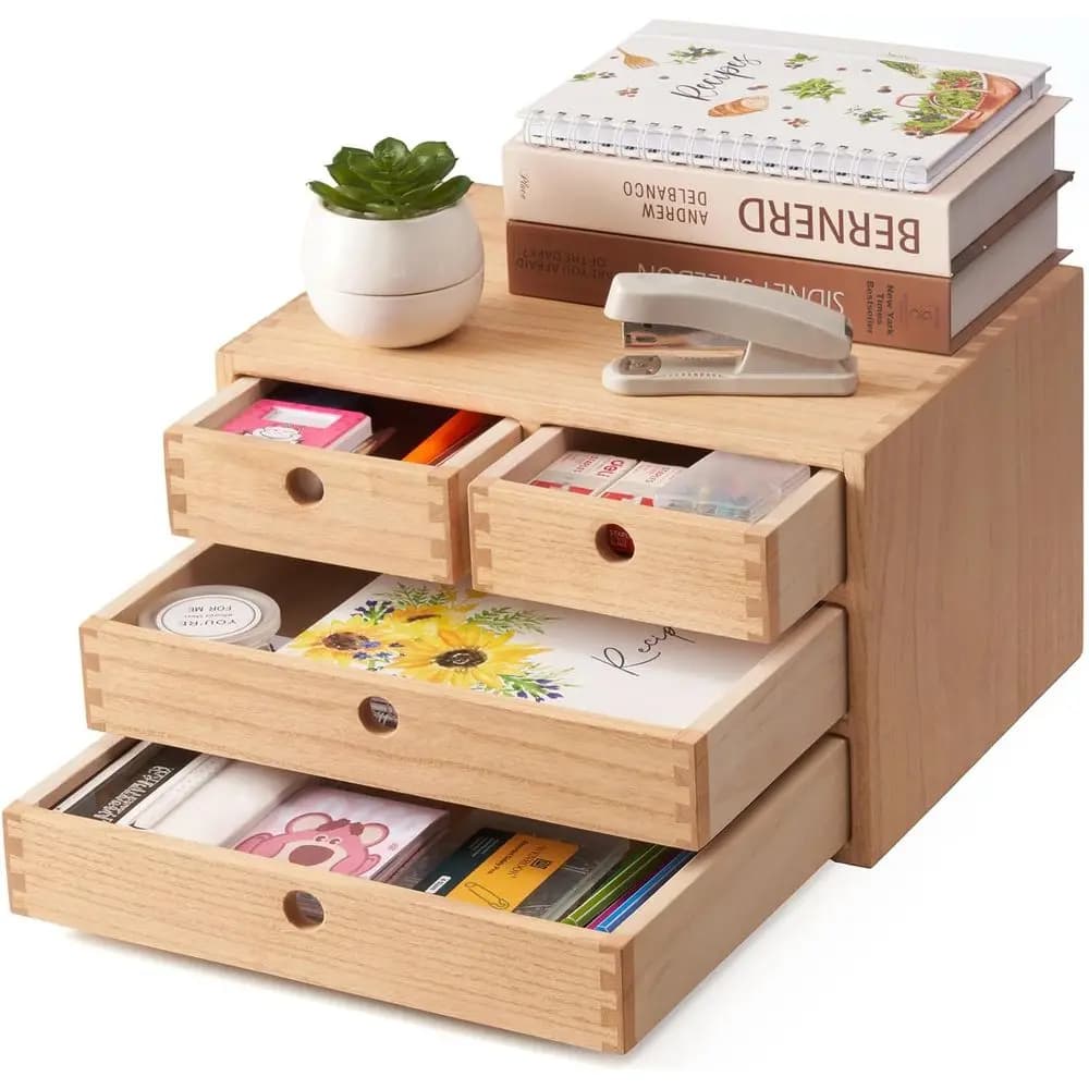 Organizzatore da Scrivania in Legno a 3 Livelli e 4 Cassetti per Ufficio Domestico e Conservazione Cosmetici