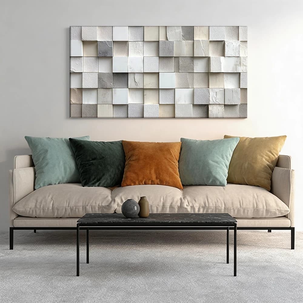 Painted on canvas with large wooden frame, 1 piece, tiled wall, neutral square tiles.