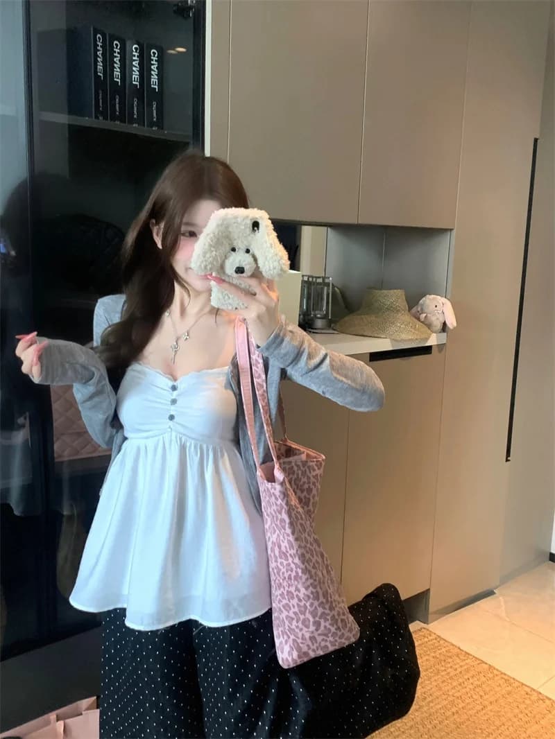 Elegant Grey Long Sleeve Open Cardigan Jacket Women's Summer Inner Slimming Vest Strap Two-Piece Set Fashionable Women's Ense...