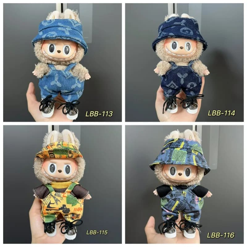 Vintage Printed Wide Brimmed Hat and Overalls Combination Specially Designed for Cute Plush Toys As Outdoor Adventure Clothing