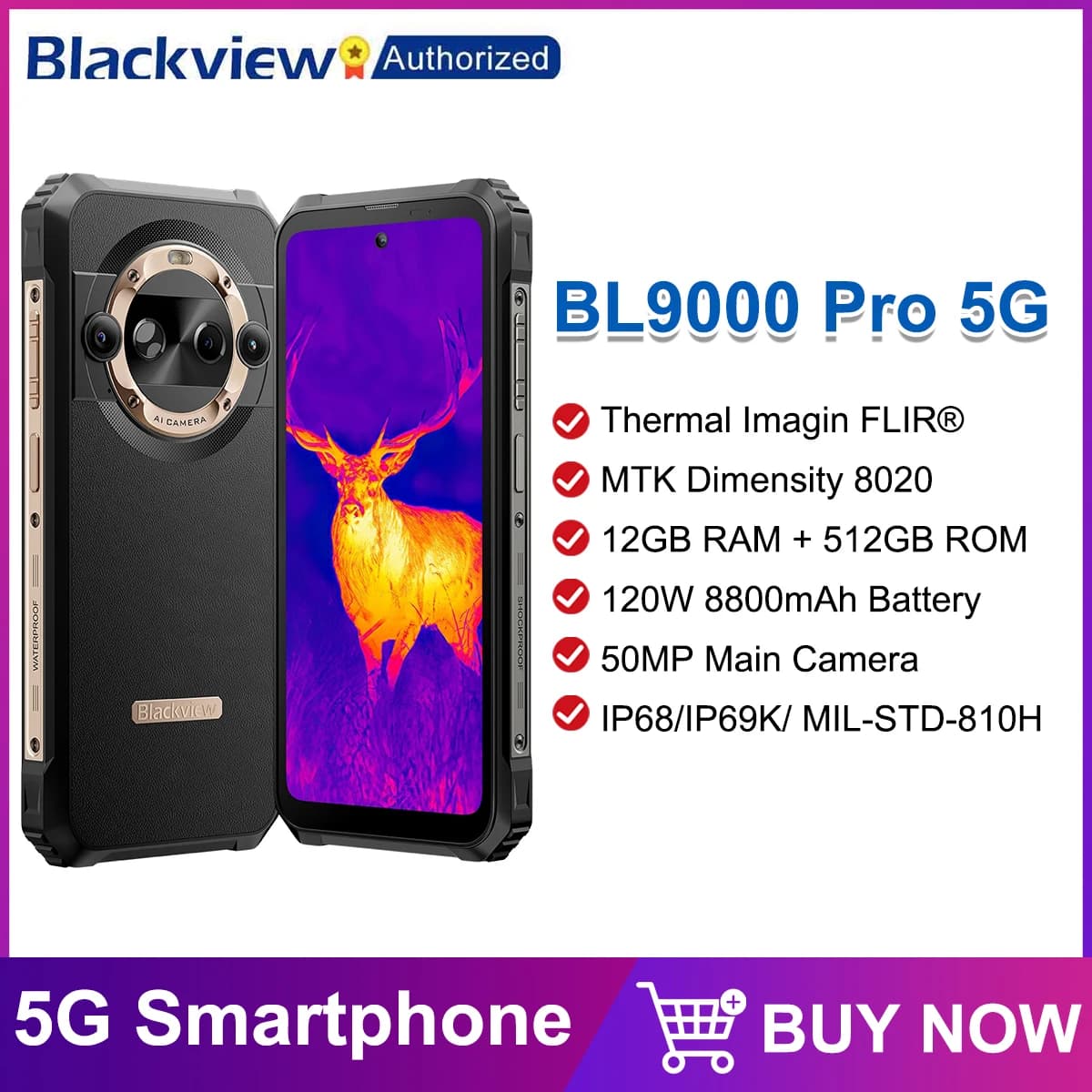 Blackview BL9000 PRO 5G Smartphone robusto 6.78'' 2.4K 12GB 512GB Termocamera FLIR ® 8800mAh 120W Android 14 NFC
