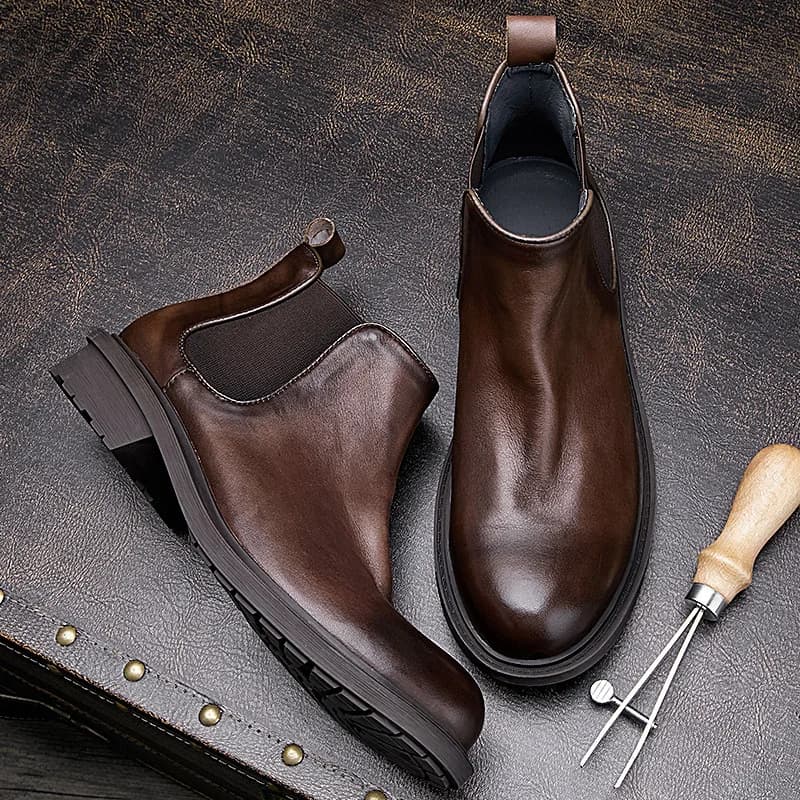 Stivali da moto autunnali da uomo | Stivali Chelsea con suola comfort vintage in vera pelle | Stivaletti stile lavoro con design alto