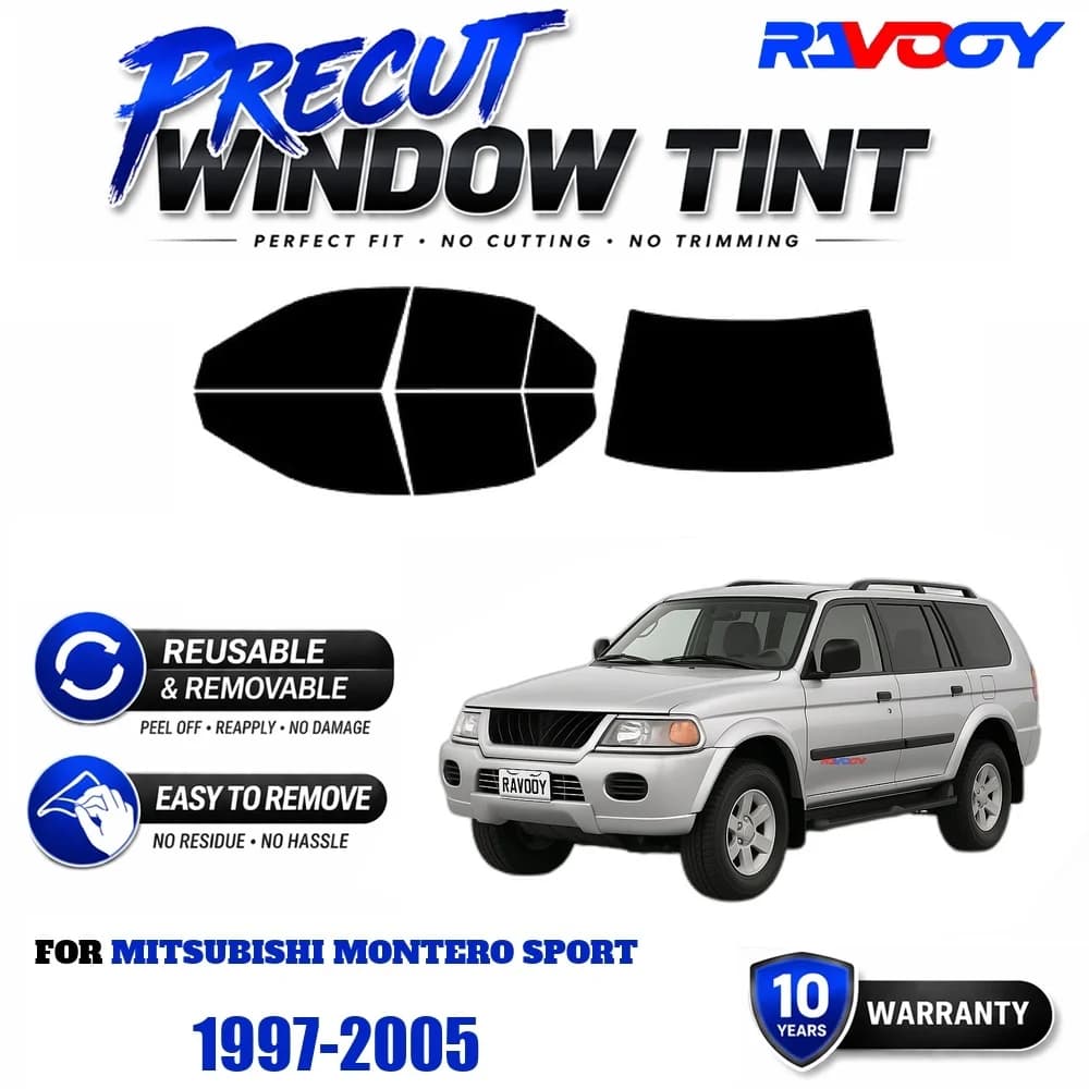 RAVOOY Precut Window Tint, Reusable Removable EPU Film, Custom Fit for Mitsubishi Montero Sport 1997-2005, UV Heat Protection