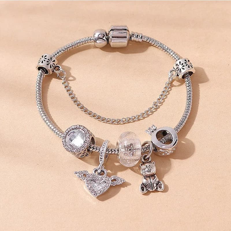 DIY Beaded Explosive Angel Wings Bear Pendant Crystal Bead Crown Copper Bracelet