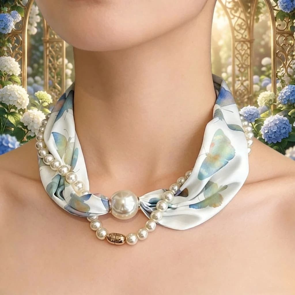 Nuovo Sciarpa Lunga da Donna in Seta con Perle Magnetiche, Scaldacollo con Perle Piccole e Fibbia Magnetica, Stile Pigro