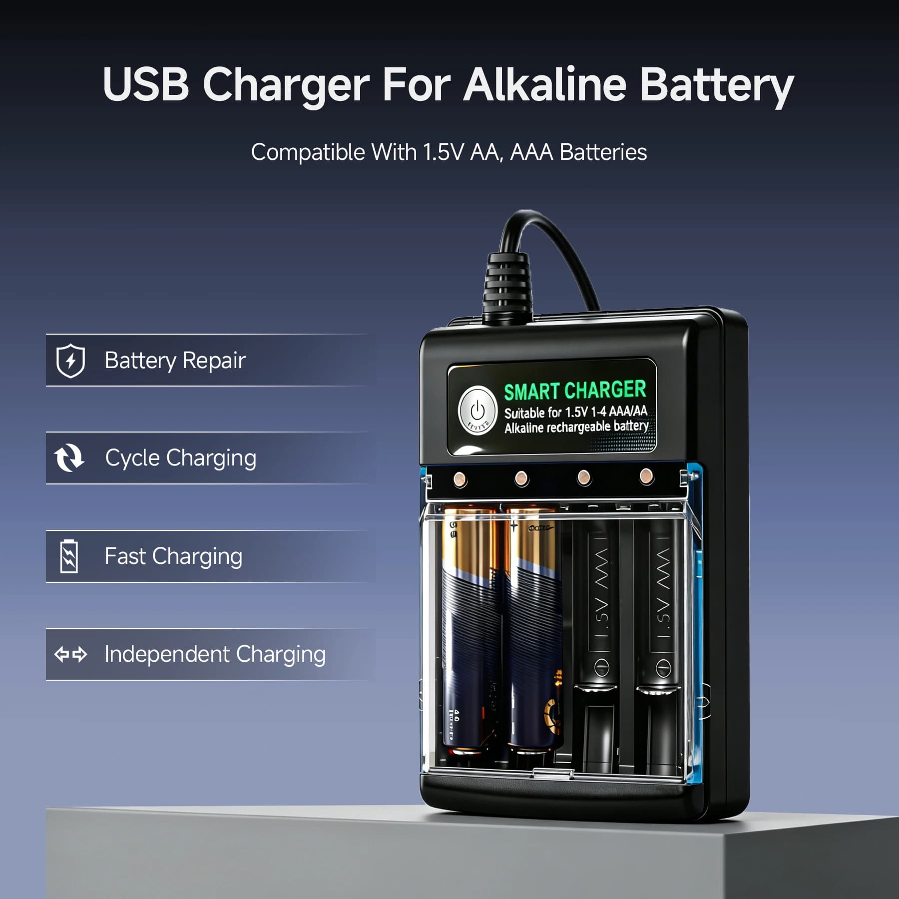 Caricabatterie intelligente per batterie alcaline ricaricabili AA AAA 1,5 V, ricarica sicura indipendente, 4 slot, cavo USB-A, con coperchio