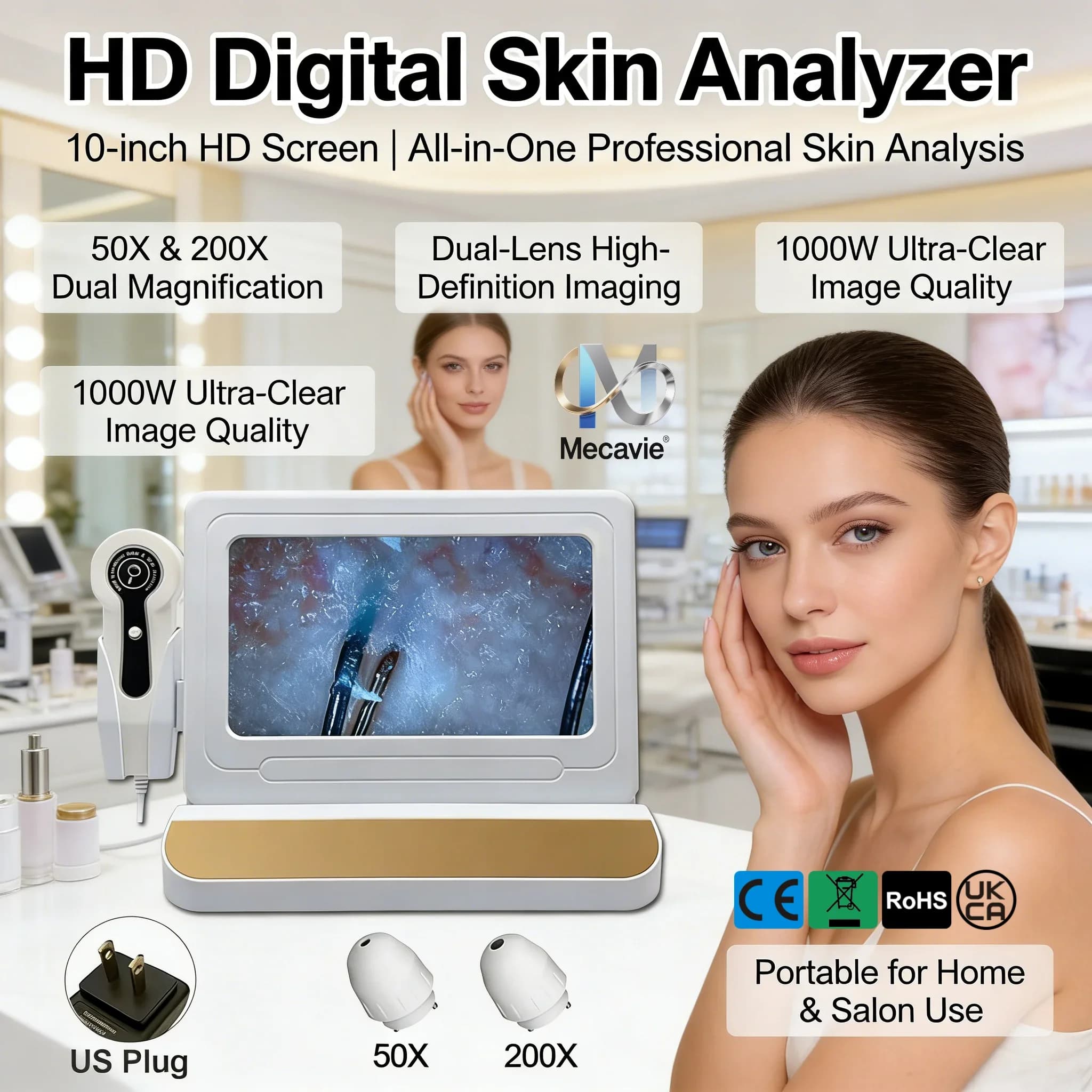 Rilevatore per Pelle, Capelli e Cuoio Capelluto, Analizzatore di Follicoli Piliferi e Idratazione Cutanea con Schermo LCD HD da 10 Pollici, Tester Microscopico