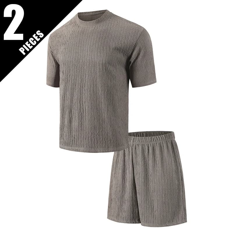 Set da uomo a maniche corte in 2 pezzi - T-shirt plissettata estiva giovanile a tinta unita per lo sport, comoda da indossare a casa, alla moda