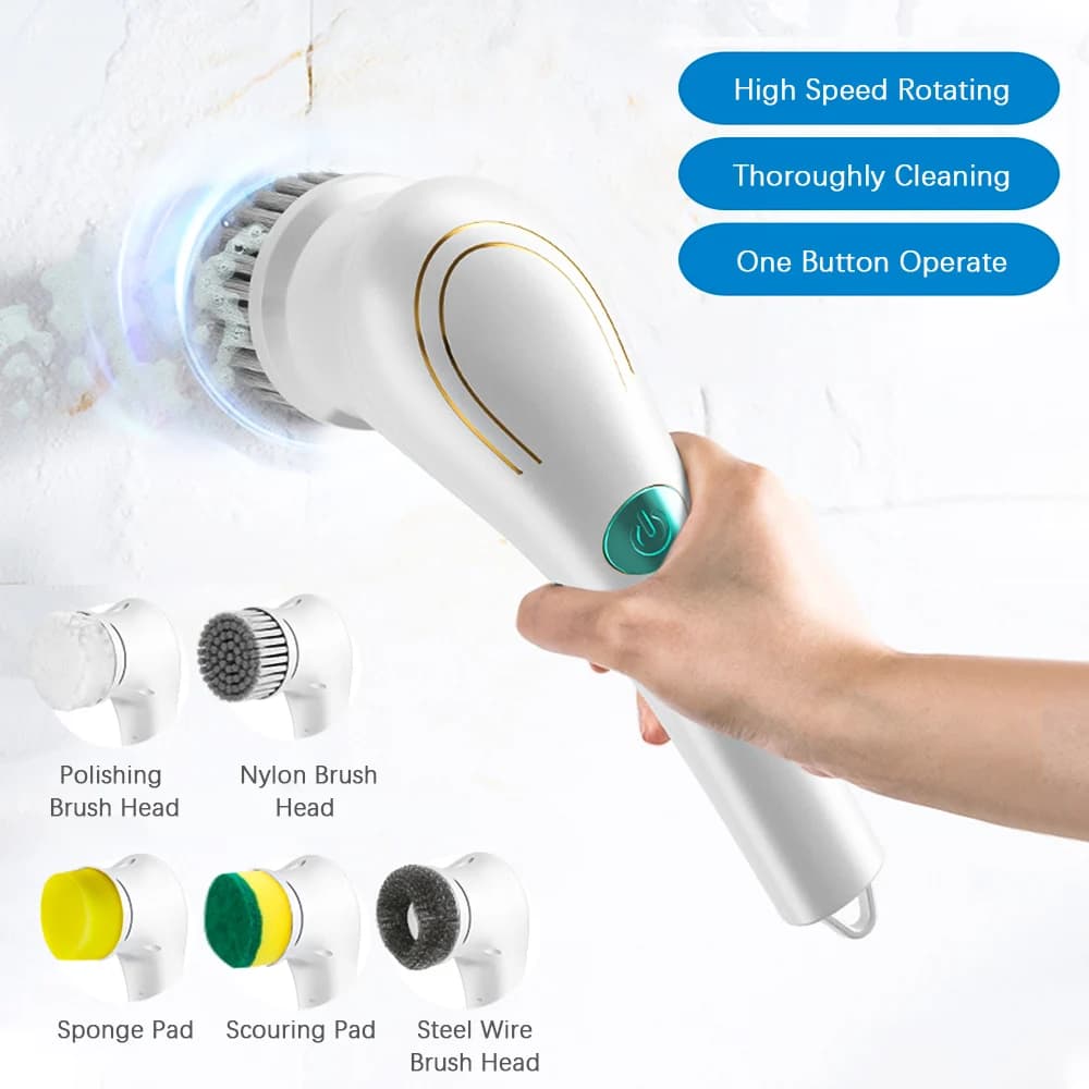Spazzola elettrica multifunzionale cinque in uno per il lavaggio del bagno e gli strumenti per la pulizia della cucina