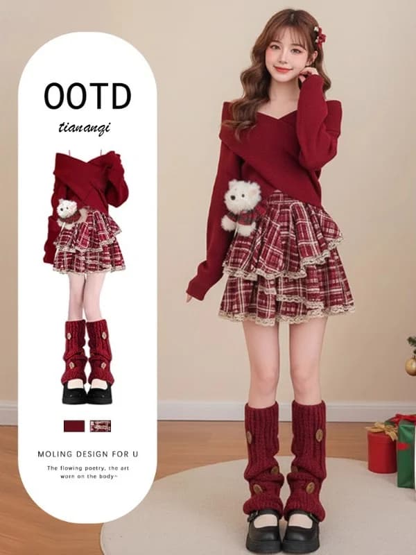 Autumn Winter Christmas Atmosphere Red Design Knitted Sweater And Slimming Plaid Halter Dress Two Piece Set Women's Fashion