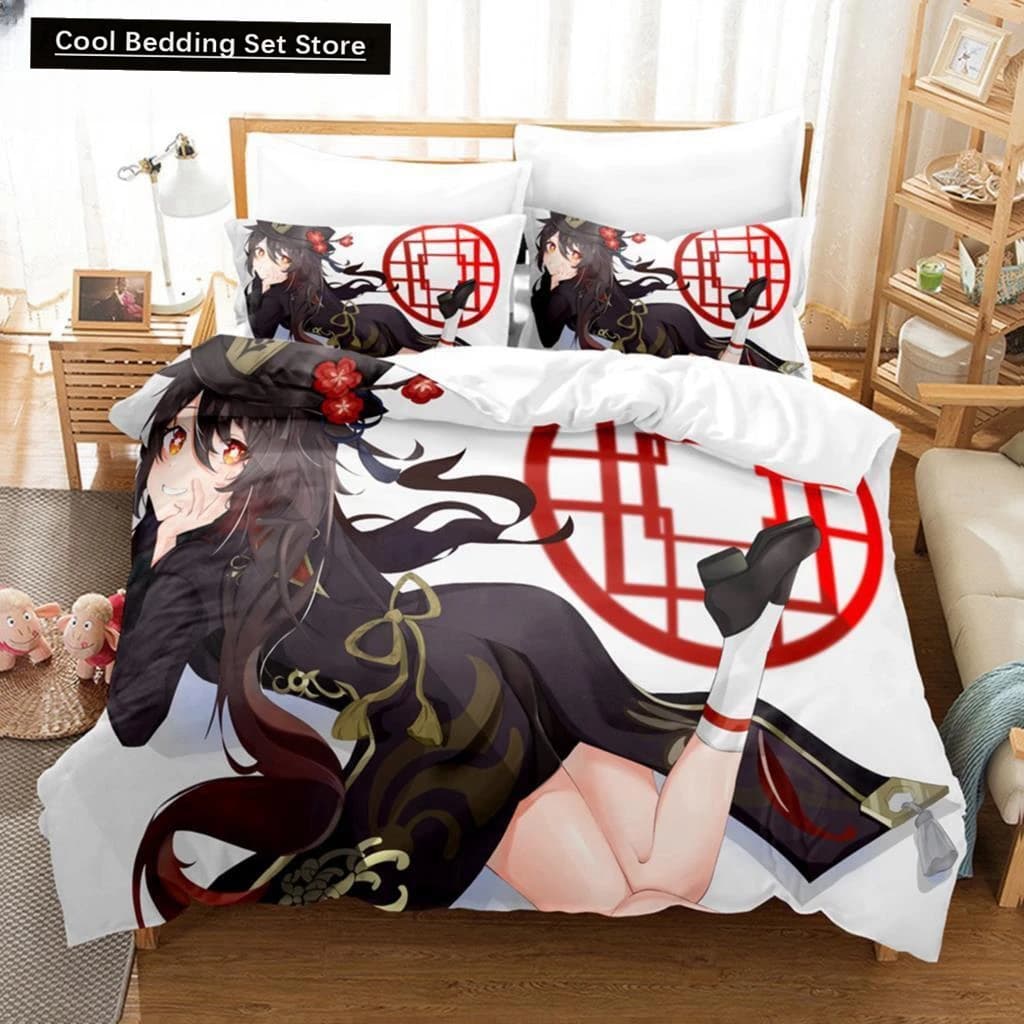 New Set Cover 3D Anime Hu Tao Genshin Impact with Loyalty and Sheets, Home Decoration, Single, Double, King, Queen