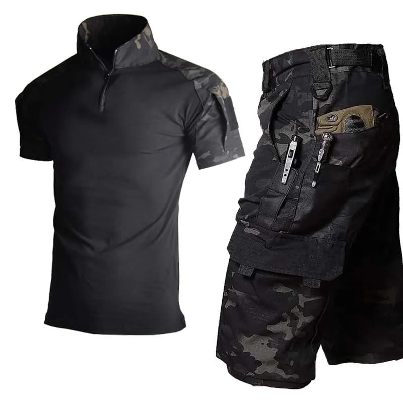 New Men's Elastic Tactical Shorts Sets Ripstop Workout Shirts Outdoor Cargo Short Set Men Cycling Hiking Shorts Fishing Casual