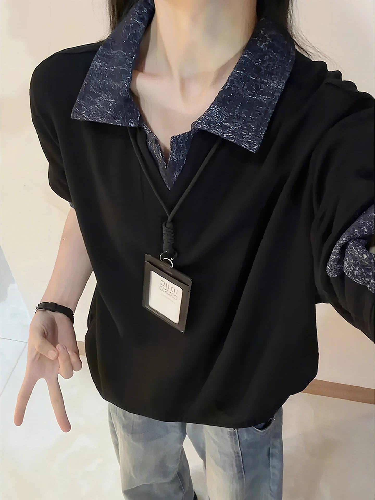 Men's And Women's Bla Fce Lined Long Sve Ne Hoodie Fake Two-Piece Set Casual Comfortable Inner irt for Autum...