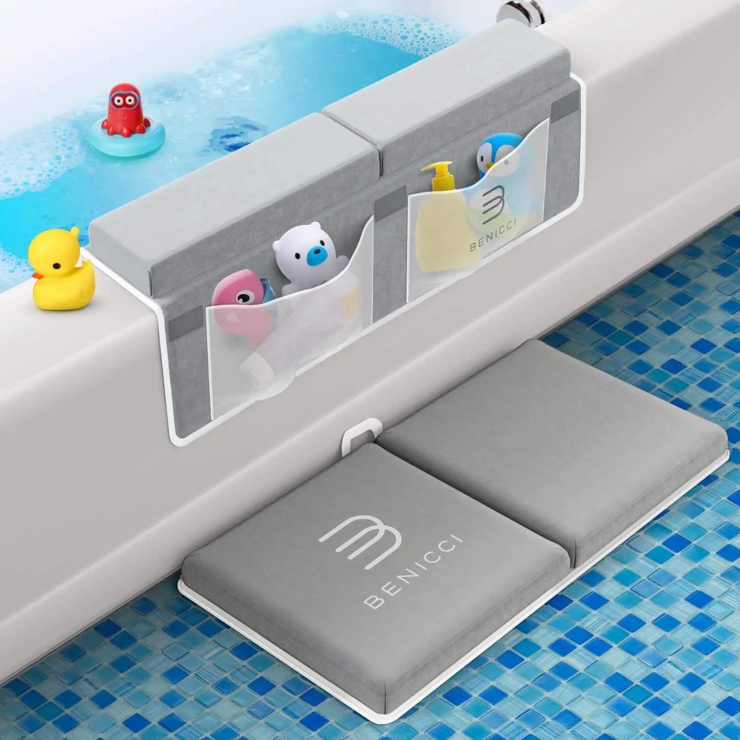 Comodo Tappetino per il Bagno con Supporto per Ginocchia e Gomiti per Neonati - Tappetino in Schiuma ad Asciugatura Rapida con Tasche Porta Giocattoli, Design Pieghevole Antiscivolo