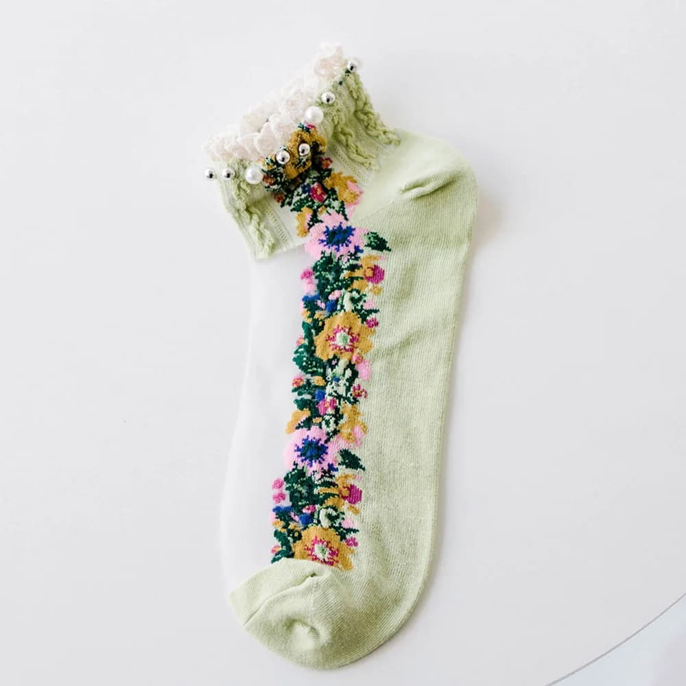 Calzini corti da donna traspiranti con perle e ricami floreali, a bocca bassa, ideali per la primavera