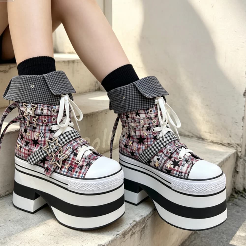 Y2K Gothic Platform High Top Boots Plaid Star Print Canvas Star Metal Buckle Strap Lace Up Sneakers Block Heel Punk Women Shoes