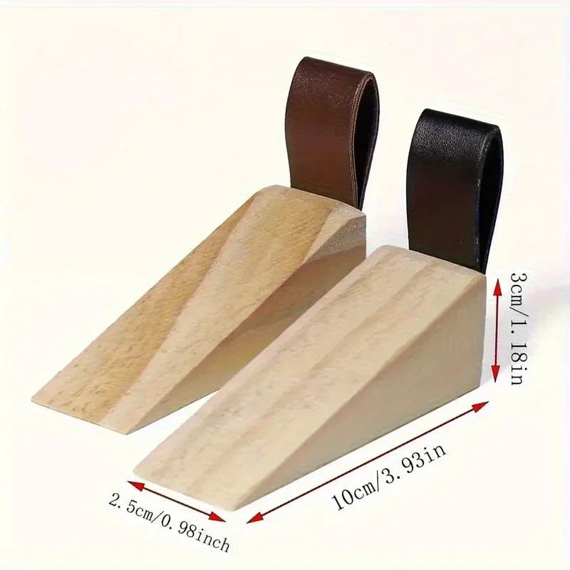 1pc Solid Wood Door Stopper - Non-Slip Security Jammer with Faux Leather Loop,for Home & Office Doors,Wooden Doorstopper