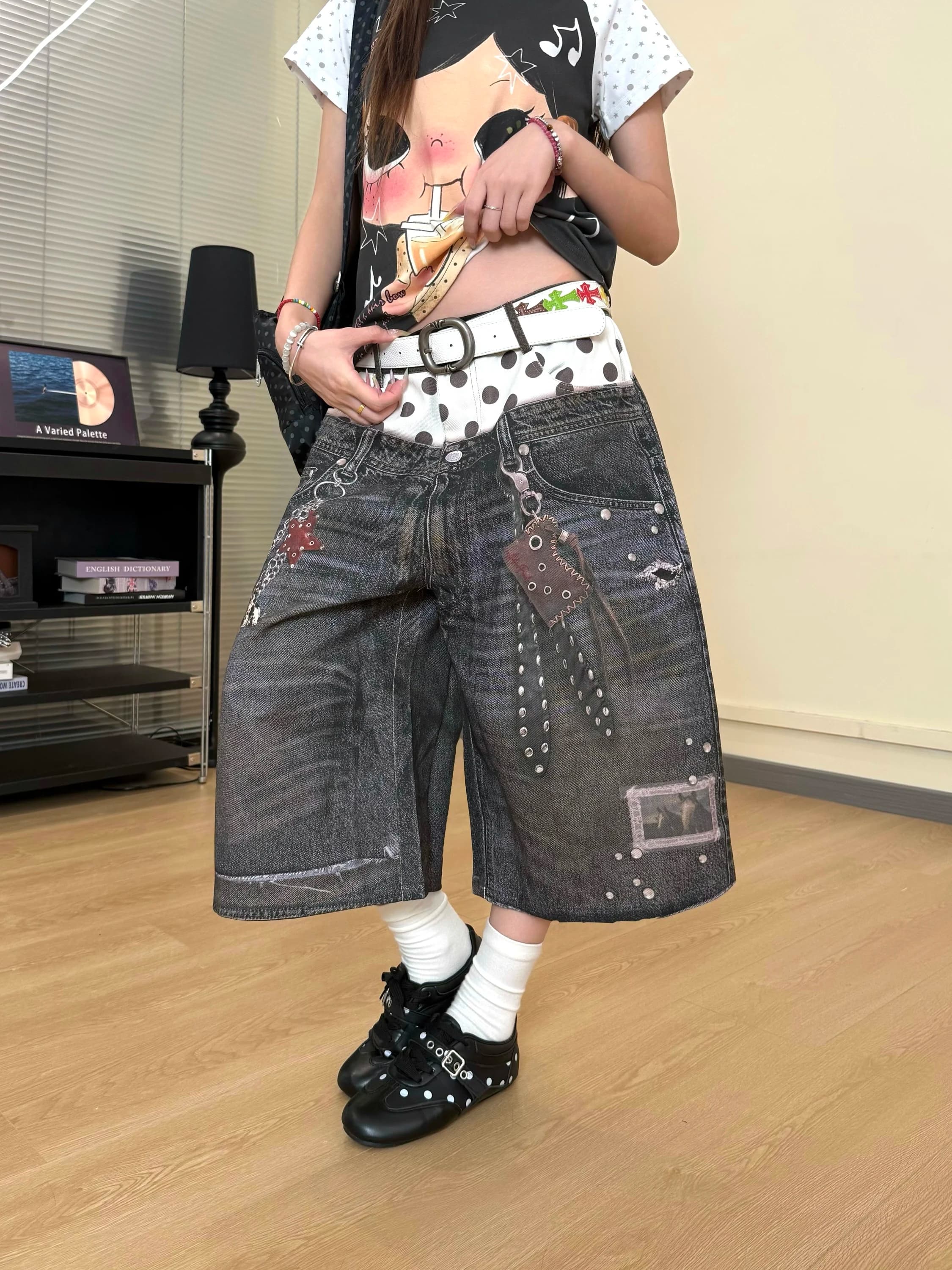 BeOurRule American Retro Polka Dot Double Waist Head Printed Jeans Loose Casual Wide Leg Seven Point Pants for Men And Women