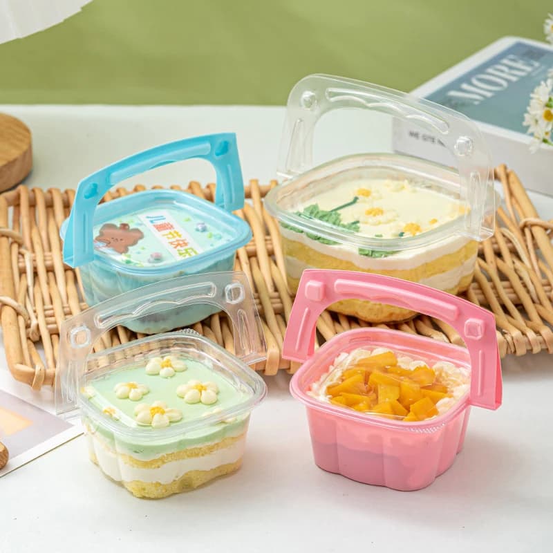Confezione da 50 confezioni scatola per torta trasparente con manico rosa/blu Cupcake budino allo Yogurt Dessert confezione regalo portatile in plastica trasparente
