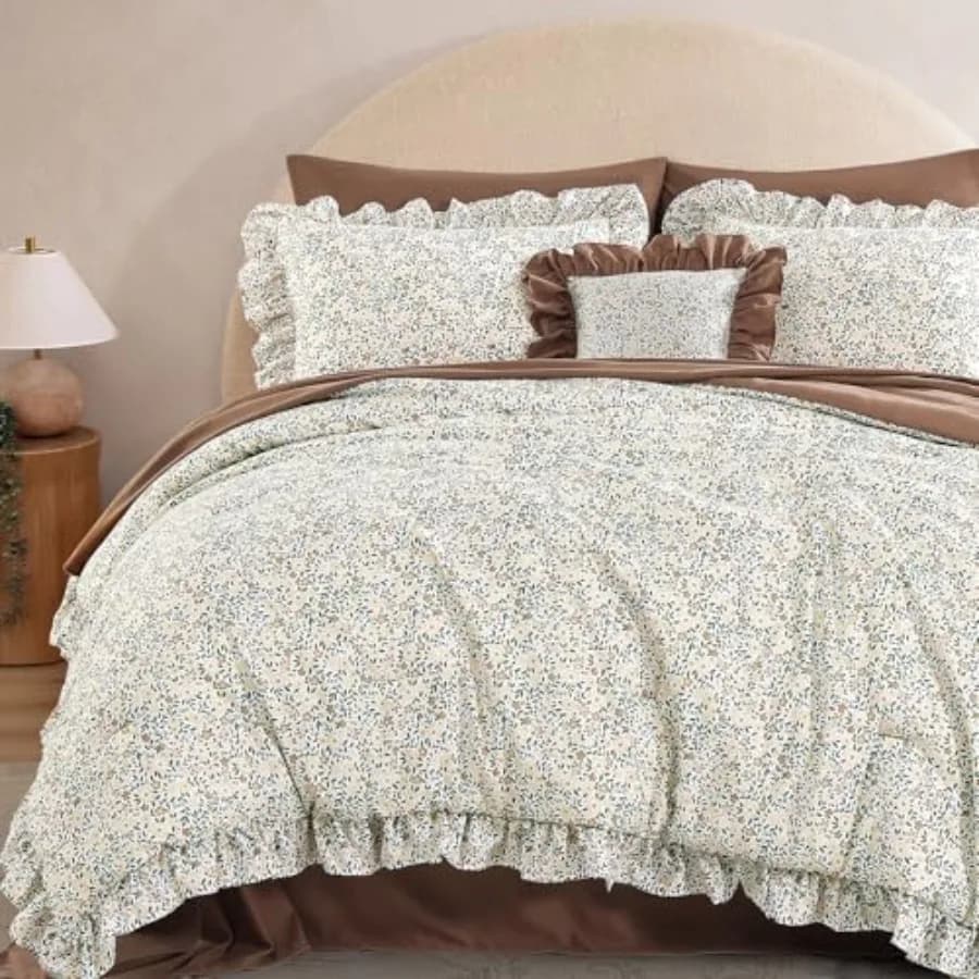 Set Copripiumino - 7 Pezzi, Set Biancheria da Letto con Volant, Stile Shabby Chic Rustico, con Copripiumino Floreale, Lenzuola, Federe e