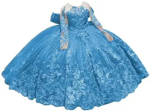 Abito da damigella d'onore blu di lusso per matrimonio, con applicazioni lucide, maniche lunghe, lunghezza a terra e fiocco, per matrimoni, compleanni e balli di fine anno