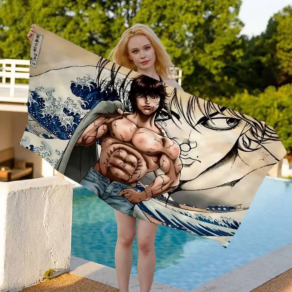Asciugamani da Spiaggia in Microfibra B-Baki Anime Giapponese, Asciugatura Rapida, per Viaggi, Piscina, Yoga