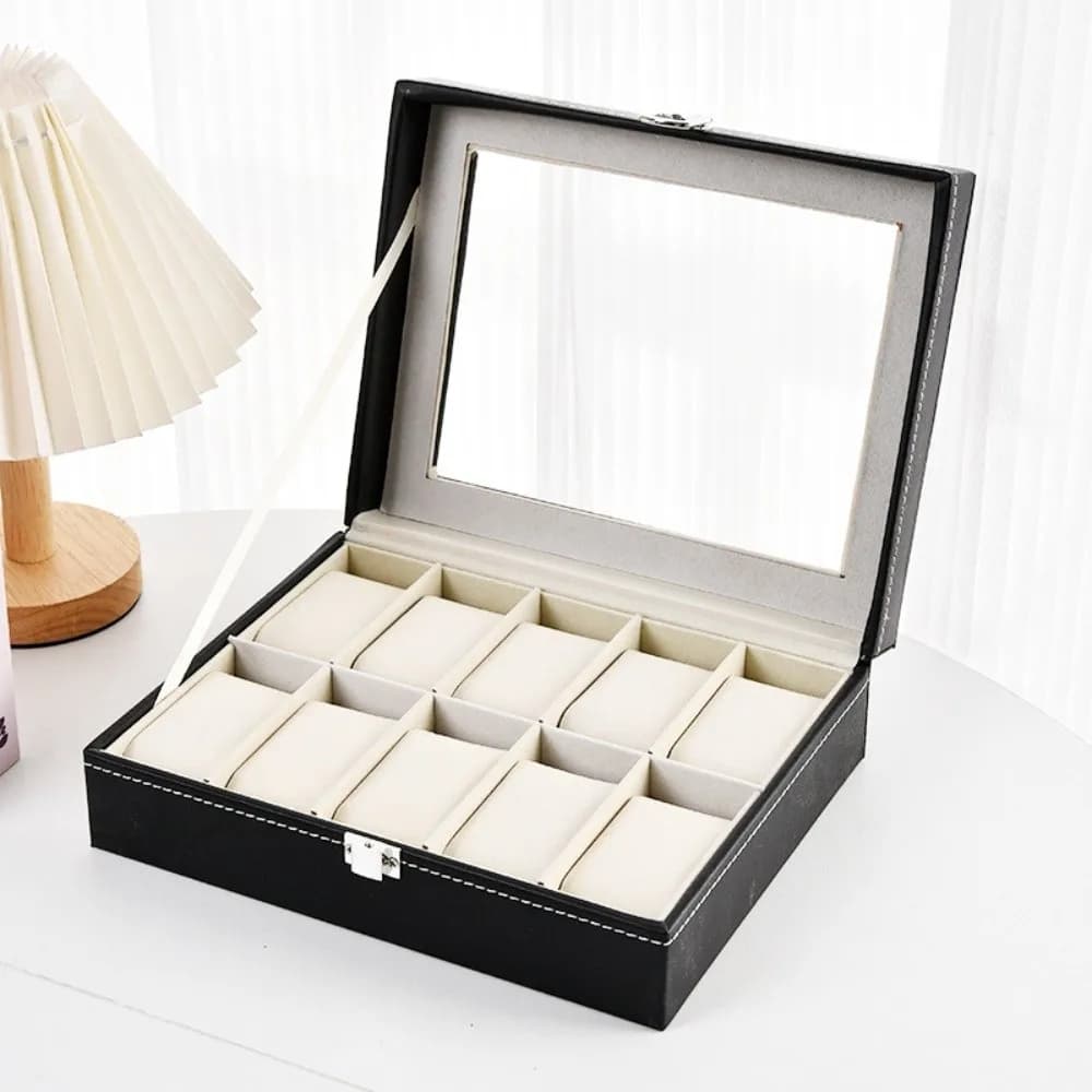 Scatola Porta Orologi in Pelle PU con Finestra Trasparente, Interno Morbido, Organizzatore Multi-Scomparto con Coperchio Trasparente, Supporto per Orologi da Uomo
