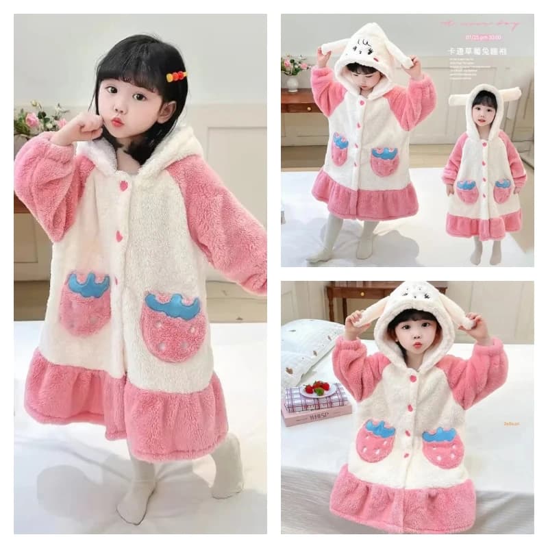 hot Kawaii Girl Fashion Pigiama Student Winter Addens Casual Cartoon Flannel With Hood Sleeves Lungs Bathrobe Children's Clothing