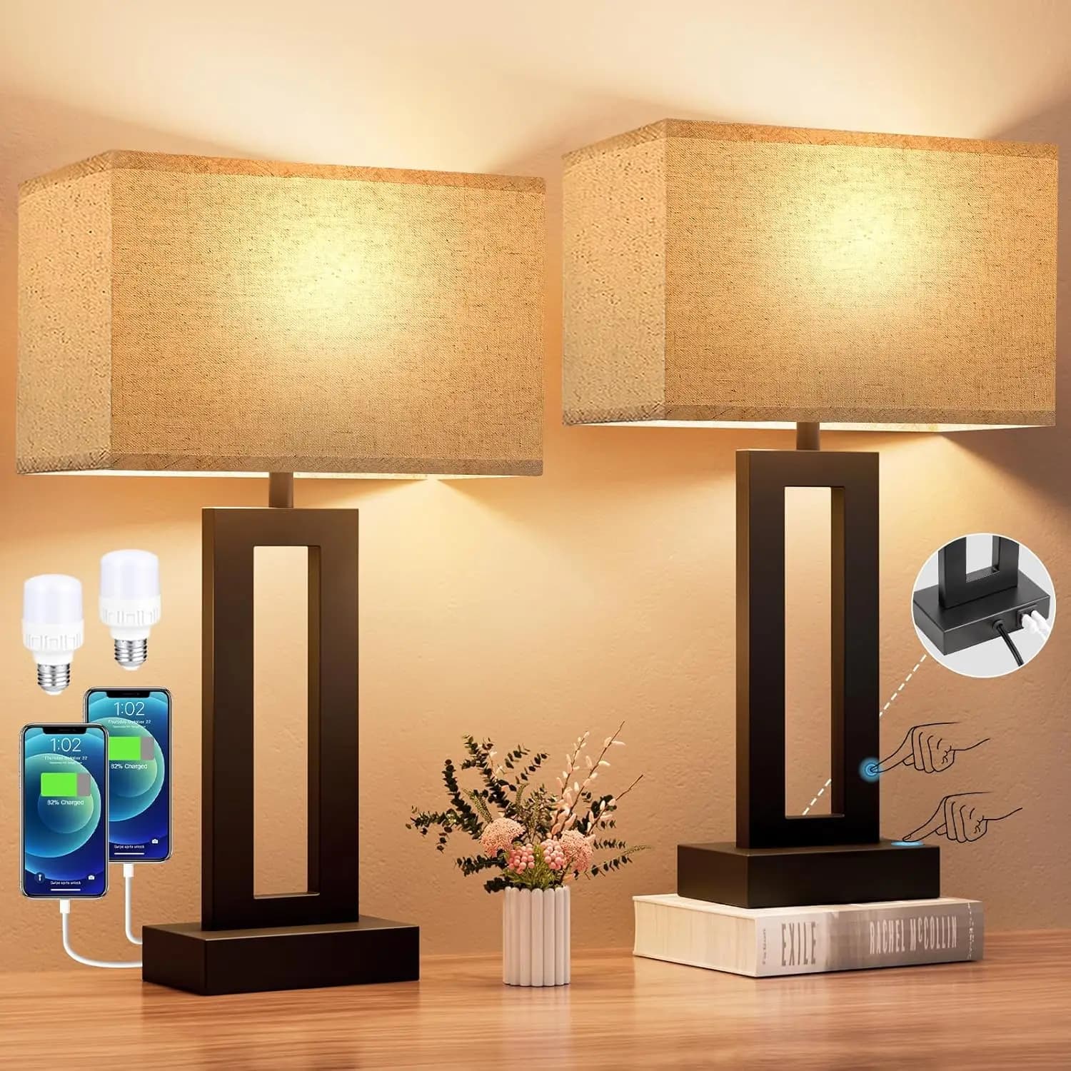 Lampade da Comodino Dimmerabili con Controllo Touch, Ricarica USB C+A, Lampadine LED Incluse, Facile Montaggio