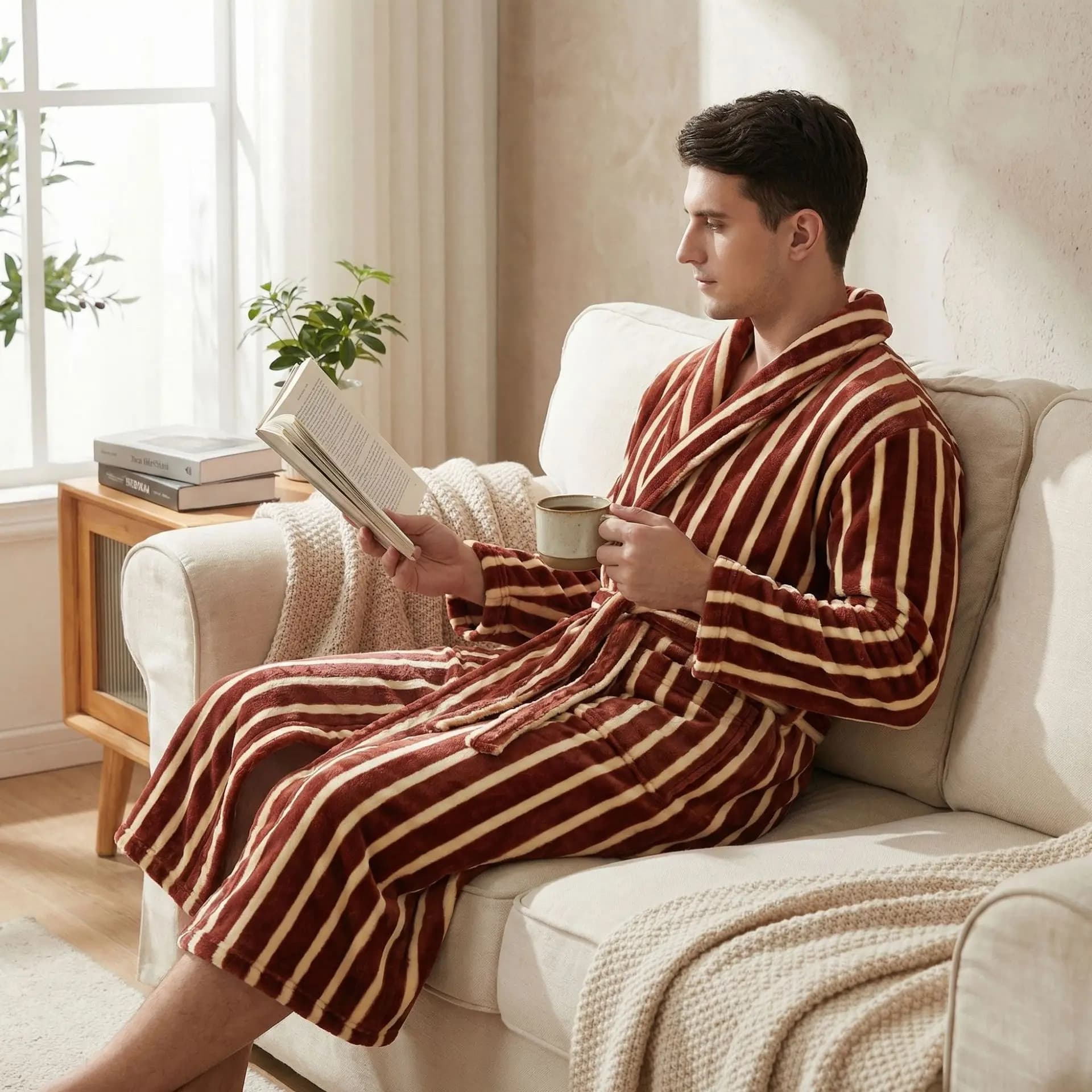Accappatoio in Flanella Nuovo per Uomo e Donna, 400gsm, Spesso, a Righe Verticali, Lungo, Autunno Inverno, Pigiama per Coppie, Taglia XL