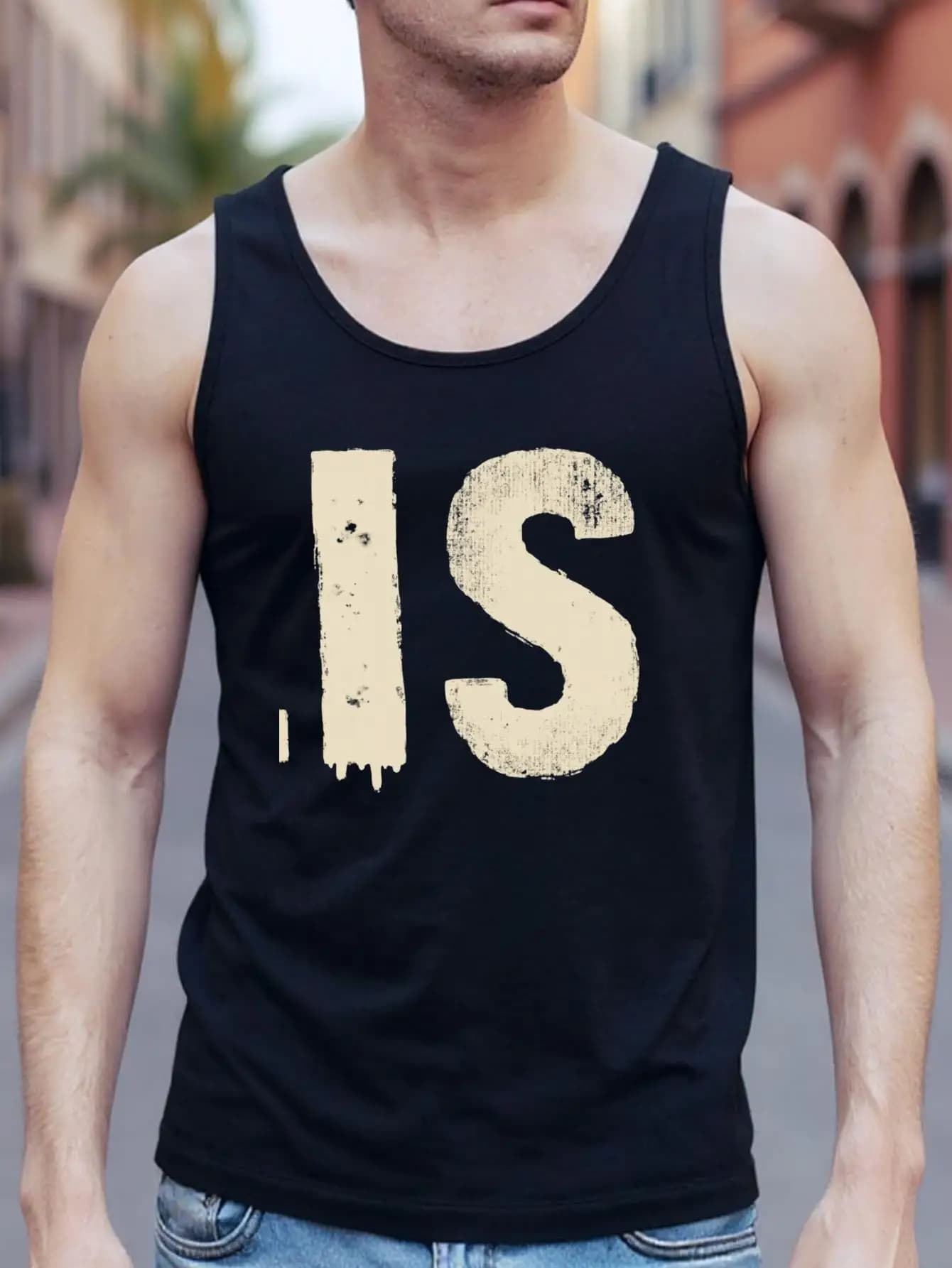 Sleeveless Men's Canot - 100% pure heavy cotton t-shirt, retro print with IS letter, breathable and adhering, muscle pattern