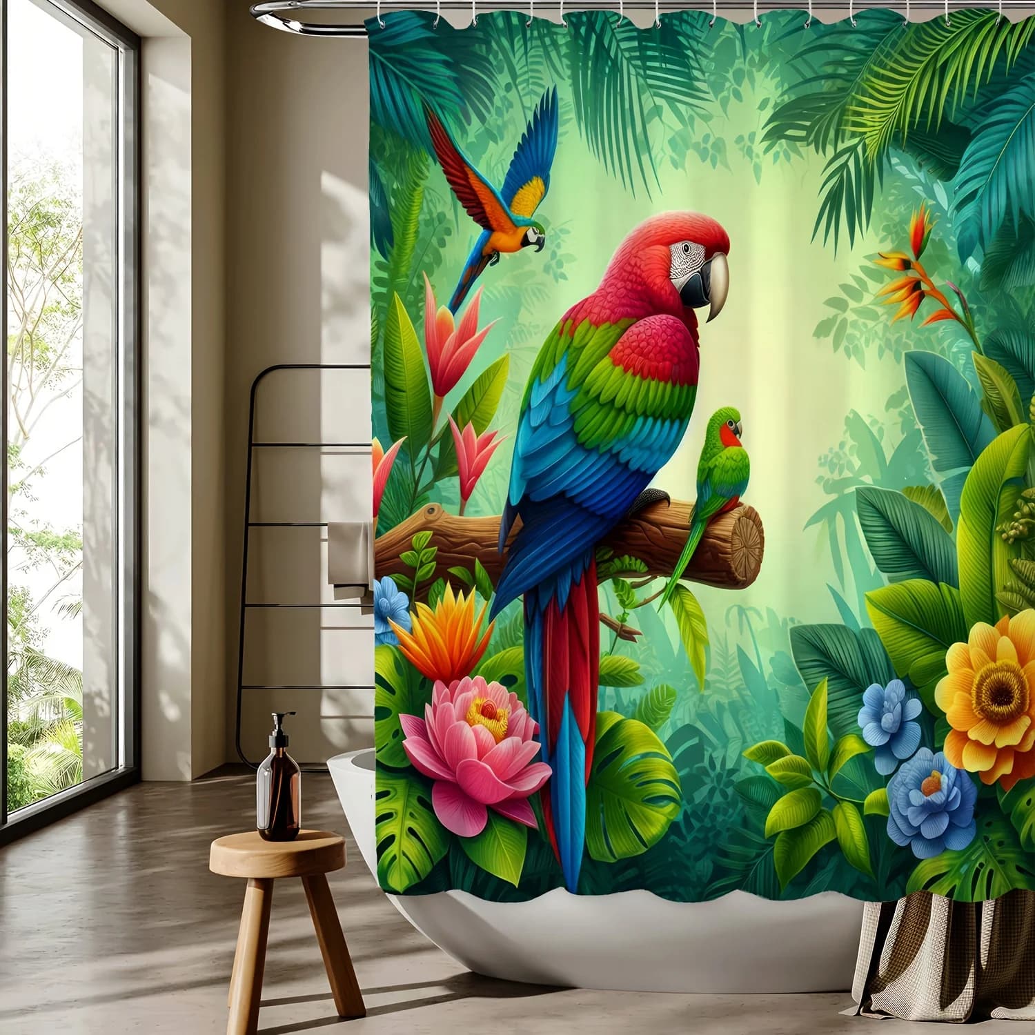 Tenda da doccia con cartoni animati di pappagalli tropicali, design nella giungla, fiori colorati e verde, lavabile in lavatrice, arredamento da bagno in poliestere