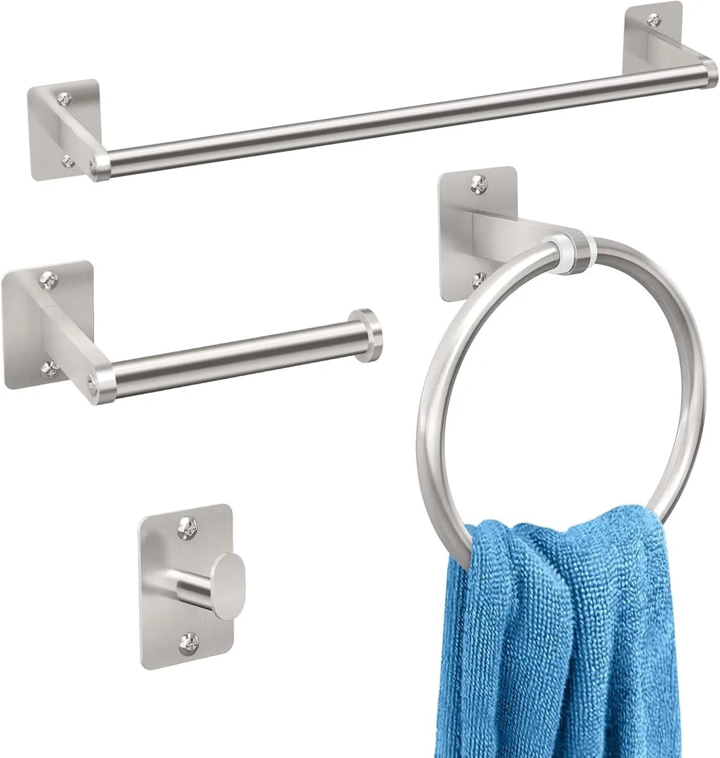 Set di accessori da bagno in nichel spazzolato da 4 pezzi con portasciugamani, mensole, ganci e portarotolo