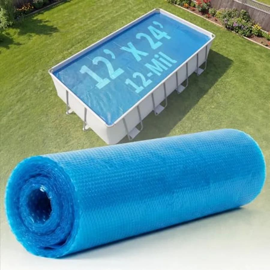 12x24-ft Rectangle Solar Pool Cover 12-Mil Blue for Above Ground Inground Pools, Thermal Bubble Blanket for Heat Retention Redu