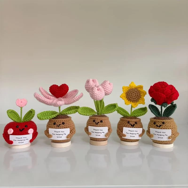 Fiore all'uncinetto Tulipano artificiale Piante intrecciate a mano con finitura in vaso Girasole lavorato a maglia Regalo di nozze per gli ospiti Decorazione della casa