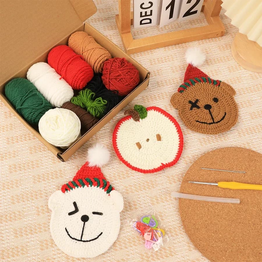 Kit sottobicchiere all'uncinetto fai-da-te con aghi per filati per maglieria a mano bambola di peluche facile per iniziare include accessori per cucire con ganci per filati abbastanza