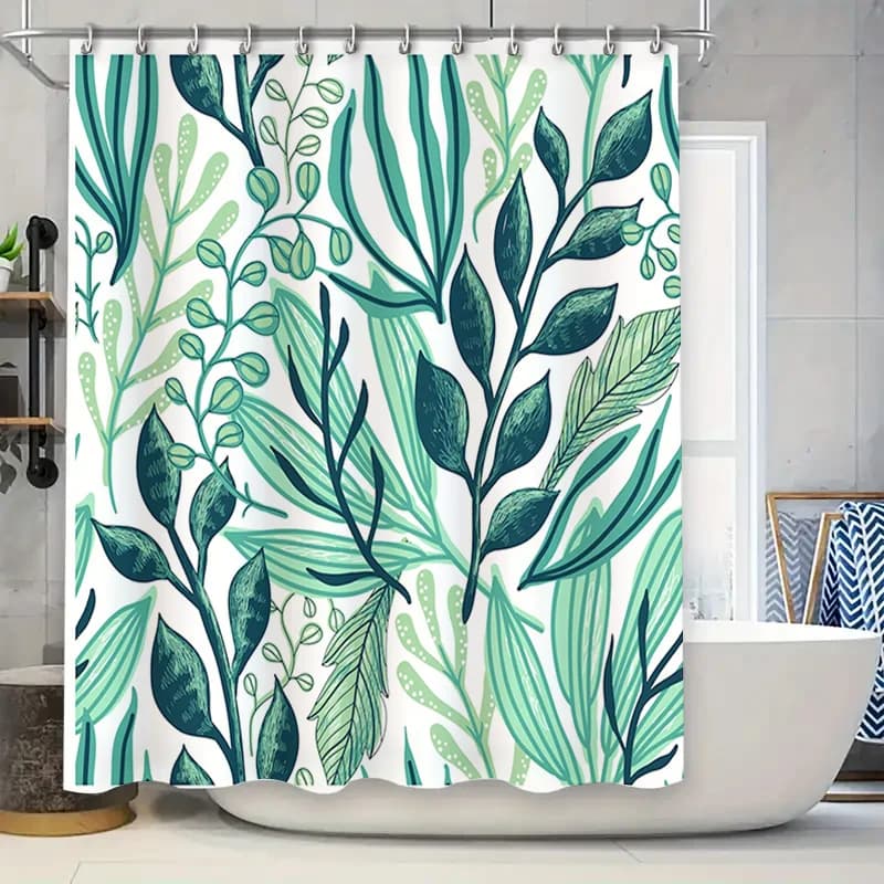 Tenda da doccia con foglie verdi, design floreale moderno per l'arredamento del bagno, tessuto impermeabile con ganci inclusi, lunghezza del set