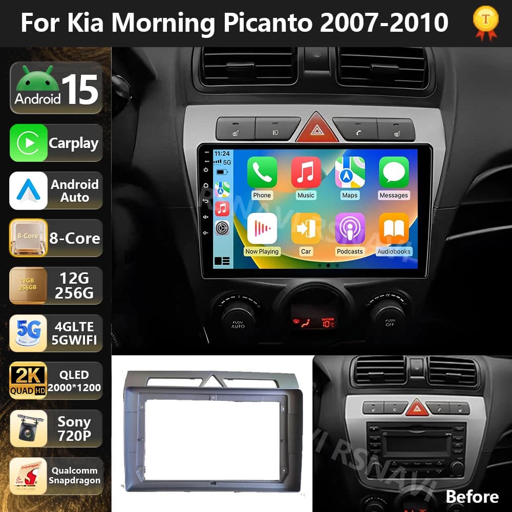 Autoradio Android 15 Qualcomm con CarPlay Wireless per Kia Morning Picanto 2007-2011, Lettore Multimediale con Navigazione 4G, Stereo 2 Din