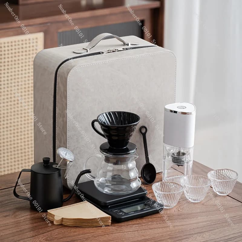 Travel Hand Brew Coffee Electric Grinder Set, Portable Bean Burr Mill with Stainless Steel Pot Household Gift Box