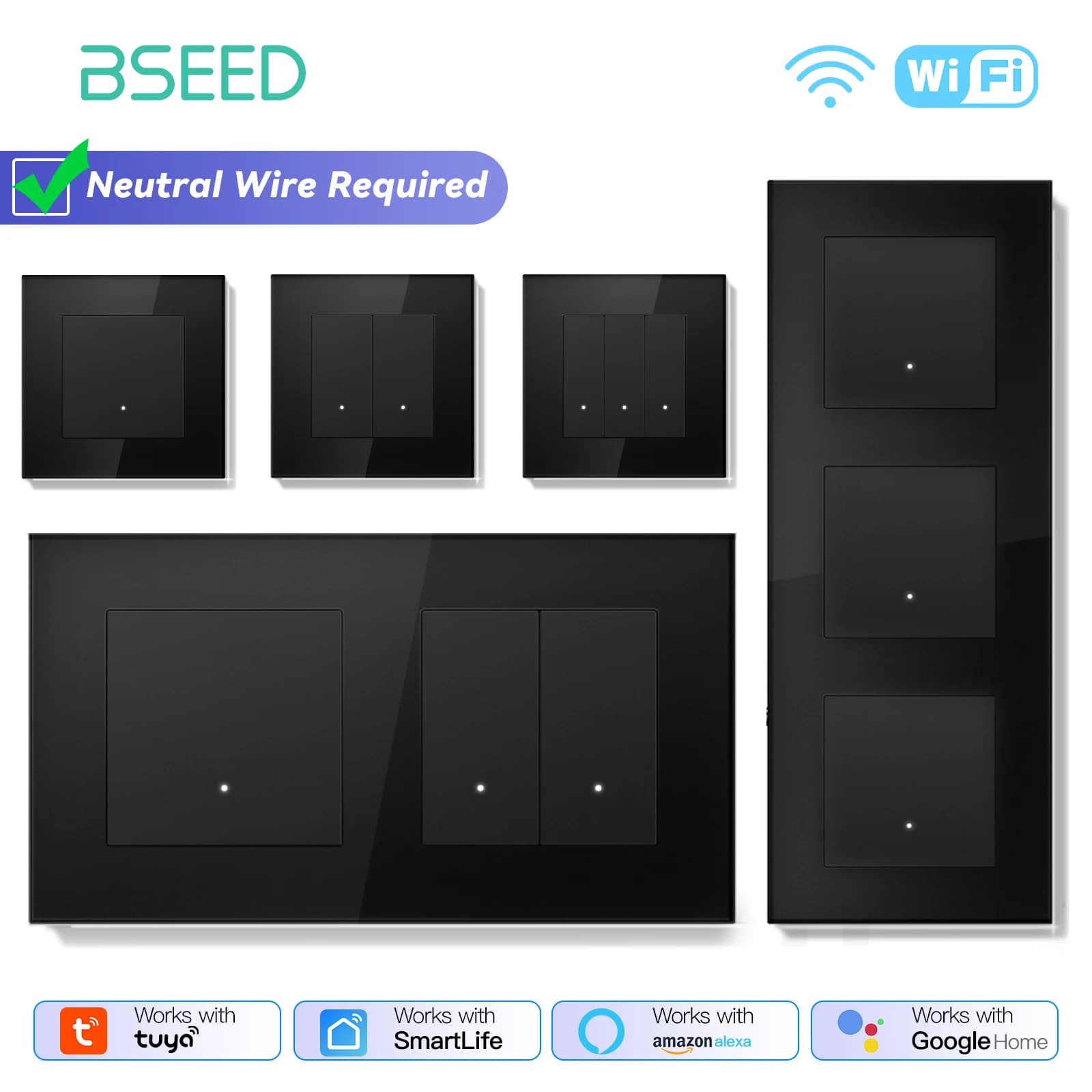 BSEED Interruttori Smart Click Serie 1/2/3/4Gang Interruttori della luce Wifi da parete Cornice in vetro retroilluminato giallo Interruttore APP Tuya Standard UE